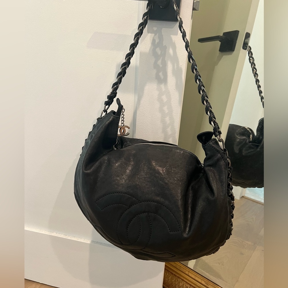 Chanel Hobo Black Caviar Leather Slouch Chain Around Bag Purse